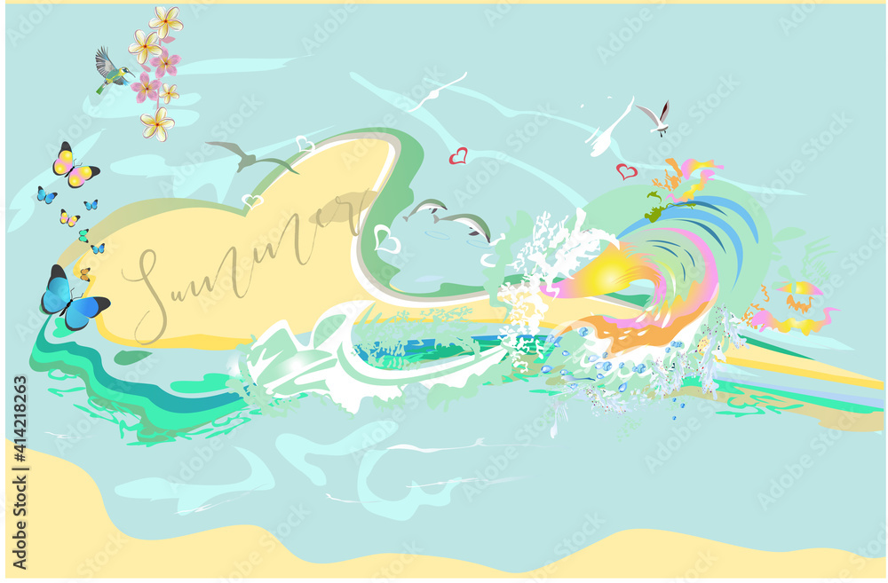 Obraz premium Series of tropical backgrounds. Background with a sandy beach in the form of heart on an island in the ocean with waves and butterflies. Hand drawn vector illustration.