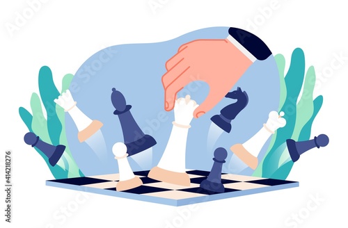 Chess business strategy. Businessman game, hand moves queen piece on board. Abstract mind thinking, career victory gambit vector concept. Illustration business chess strategy, businessman play in game