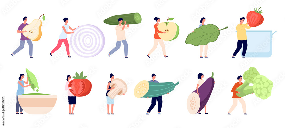 Vegetarian life. Raw ingredients, garden vegan natural nutrition. Mini people healthy food eating, cartoon tiny characters vector set. Illustration healthy raw vegetable and fruit, broccoli and pear