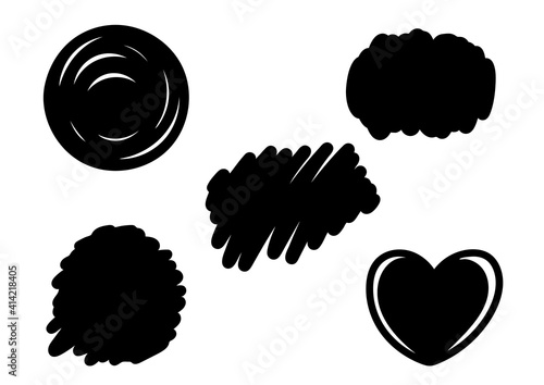 Vector set of hand drawn brush strokes isolated on white background. Circle, heart, Backsplashes for print, cut, for t shirt, keychain designs.