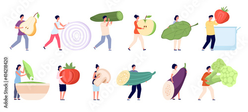 Vegetarian life. Raw ingredients, garden vegan natural nutrition. Mini people healthy food eating, cartoon tiny characters vector set. Illustration healthy raw vegetable and fruit, broccoli and pear