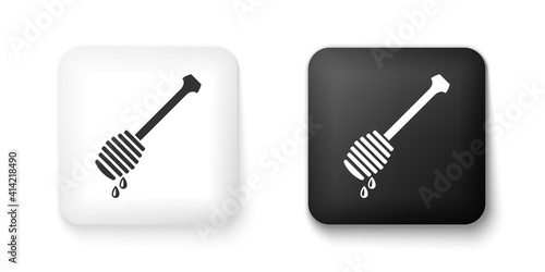 Black and white Honey dipper stick with dripping honey icon isolated on white background. Honey ladle. Square button. Vector.
