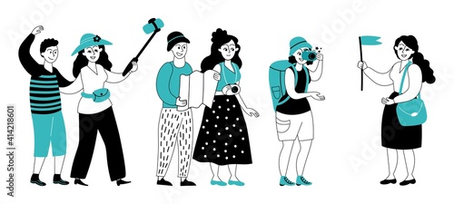 Tour guide. Flat travel group, tourist tours or sightseeing excursion. Isolated characters on vacations, travellers with decent backpack vector concept. Illustration trip guide to sightseeing