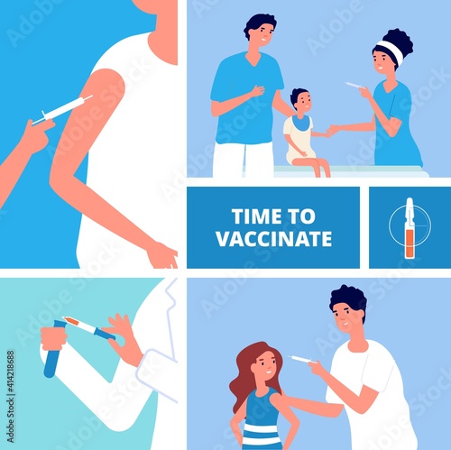 Vaccination innovation vaccine for adults and children. Healthcare, antivirus prevention, doctors and patients vector concept. Illustration antivirus vaccination, coronavirus protection