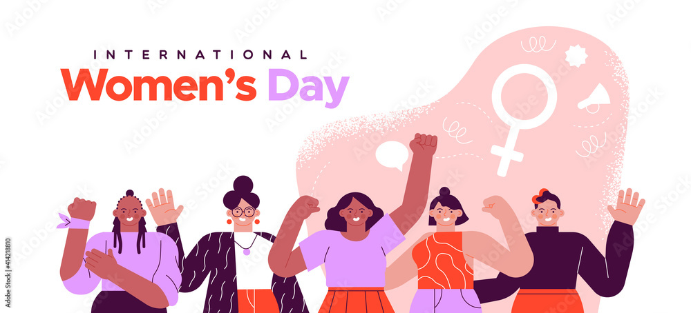 Obraz premium Women's day trendy flat cartoon girl group card