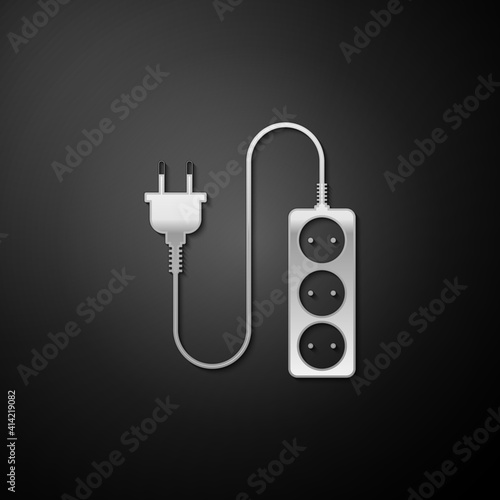 Silver Electric extension cord icon isolated on black background. Power plug socket. Long shadow style. Vector.