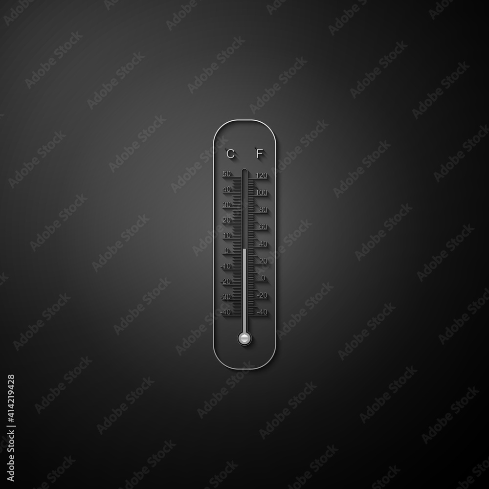 Silver Celsius and fahrenheit meteorology thermometers measuring icon isolated on black background. Thermometer equipment showing hot or cold weather. Long shadow style. Vector. Silver Celsius and fahrenheit meteorology thermometers measuring icon isolated on black background. Thermometer equipment showing hot or cold weather. Long shadow style. Vector.