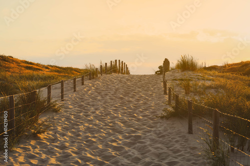 wooden foot path way to the sandy beach at sunset