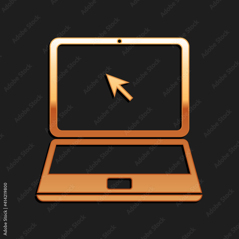 Gold Laptop with cursor icon isolated on black background. Long shadow style. Vector. Gold Laptop with cursor icon isolated on black background. Long shadow style. Vector.
