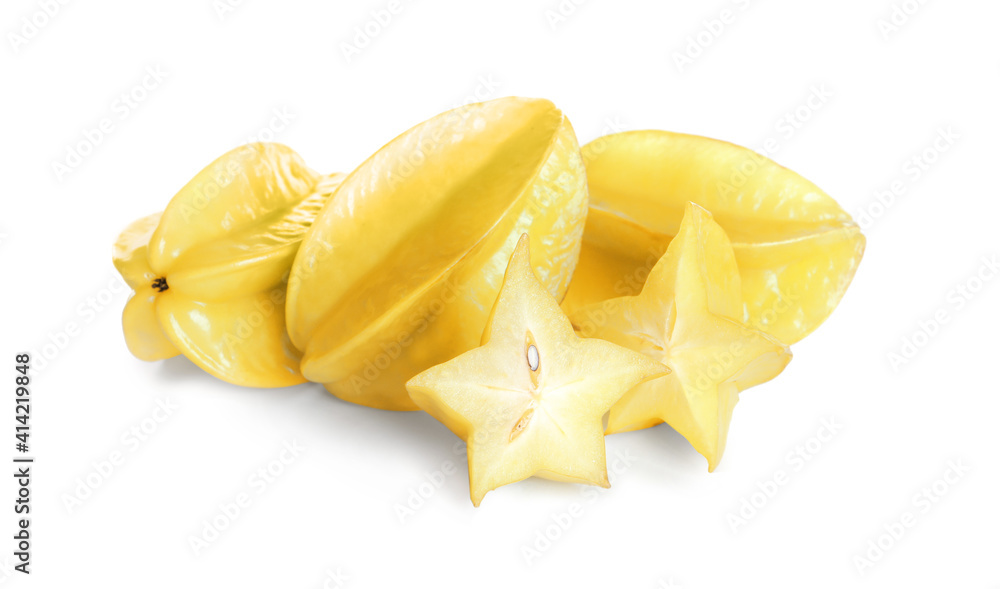 Cut and whole carambolas on white background Cut and whole carambolas on white background