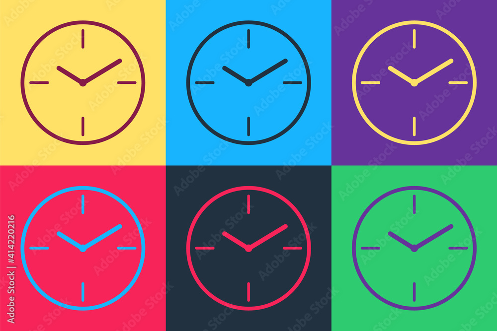 Pop art Clock icon isolated on color background. Time symbol. Vector. Pop art Clock icon isolated on color background. Time symbol. Vector.