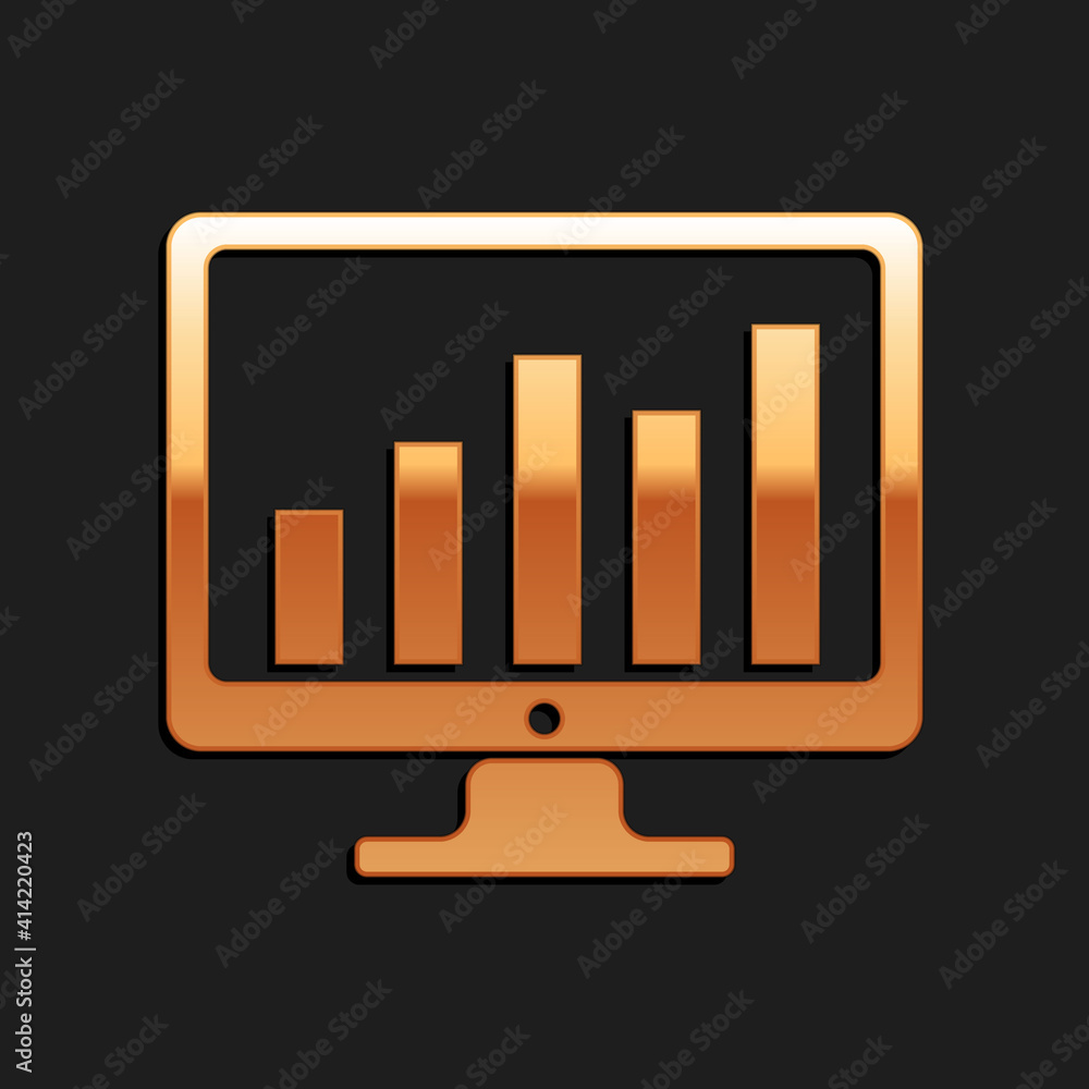 Gold Computer screen with financial charts and graphs icon isolated on black background. Chart bars and financial analytics. Long shadow style. Vector. Gold Computer screen with financial charts and graphs icon isolated on black background. Chart bars and financial analytics. Long shadow style. Vector.