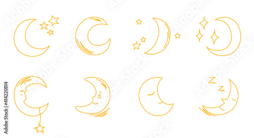 Baby cute print elements crescent moon. Vector line icon set with simple doodle moon.