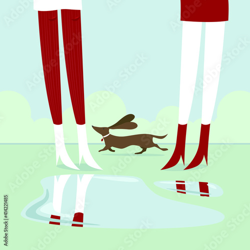 A lady with a dog. Walking a pet. Spring, grass, puddles.Street. Vector illustration.Girlfriends, Legs.The hostess is a girl or a nanny in a sterile room.Warmth, nature, greenery.