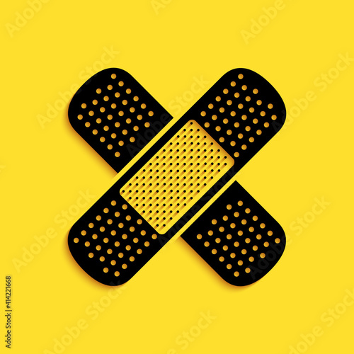 Black Set Bandage plaster icon isolated on yellow background. Medical plaster, adhesive bandage, flexible fabric bandage. Long shadow style. Vector.