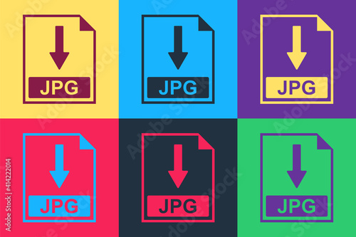 Pop art JPG file document icon. Download JPG button icon isolated on color background. Vector.