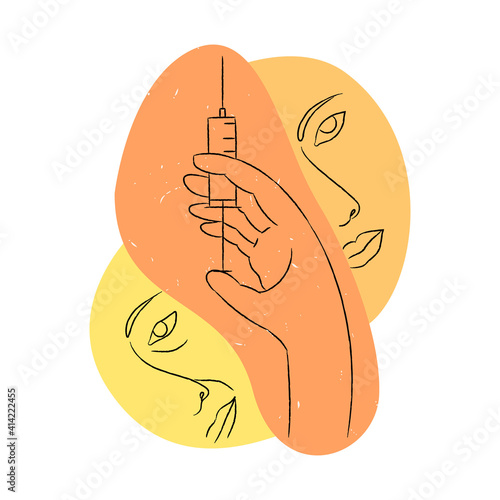 Vector drawn linear illustration hand holding syringe. Background shows young, beautiful face, older one, with wrinkles, skin defects. Concept cosmetology, botulinum therapy, rejuvenation, mesotherapy