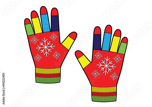 Knitted winter gloves with snowflakes isolated on white background. Gloves with multicolored fingers