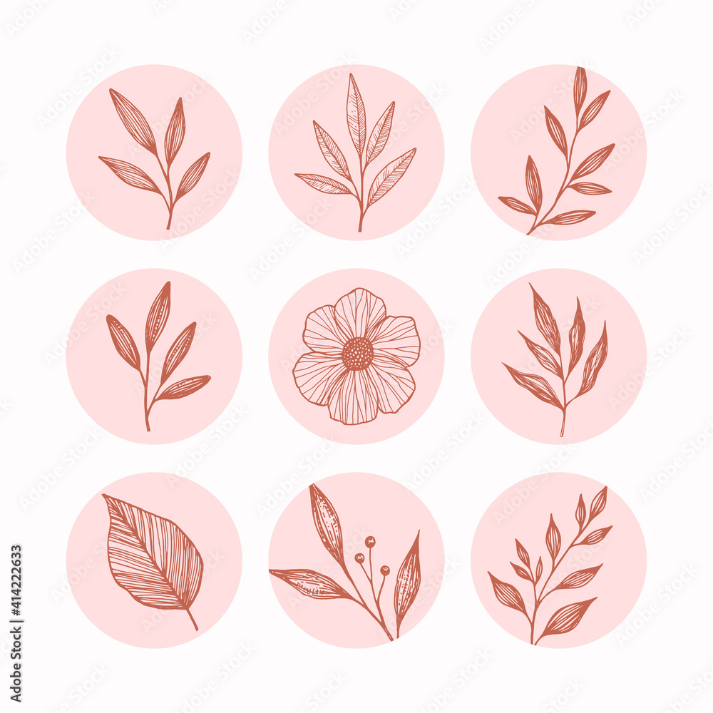 Flowers and leaves vector round stickers set. Botanical nature highlights cover icons for social media Flowers and leaves vector round stickers set. Botanical nature highlights cover icons for social media