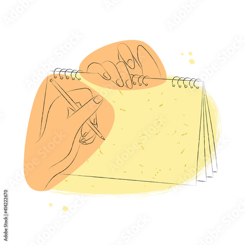 Vector drawn, linear illustration with hands holding album, notepad and writing down. There is blank space for text on craft paper. Concept record, information, design, ad, poster.
