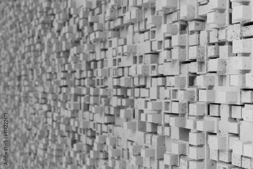Geometric cement background from randomly shifted cubes of different sizes with defocused copy space place on the left side, 3d rendering, 3d rendering © Conny Crane