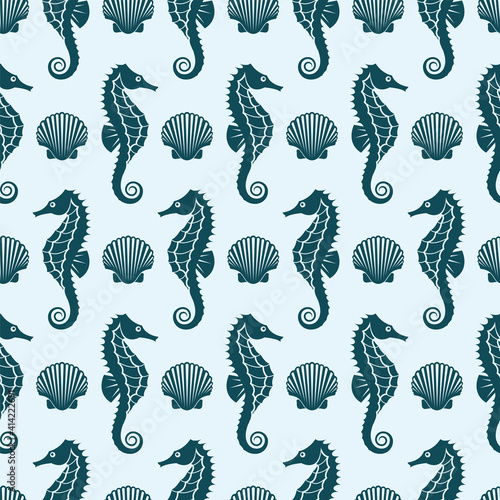 seamless nautical pattern with seahorse and shell