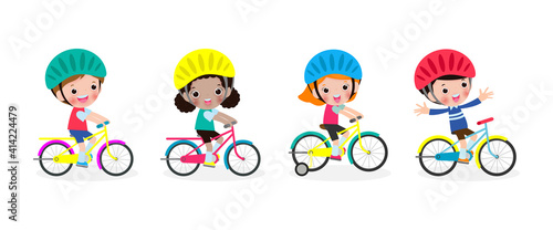 group of Happy kids riding bikes, set of cute children on bicycle, Sports concept, Funny child biking Playing Outside together isolated on a white background Vector illustration