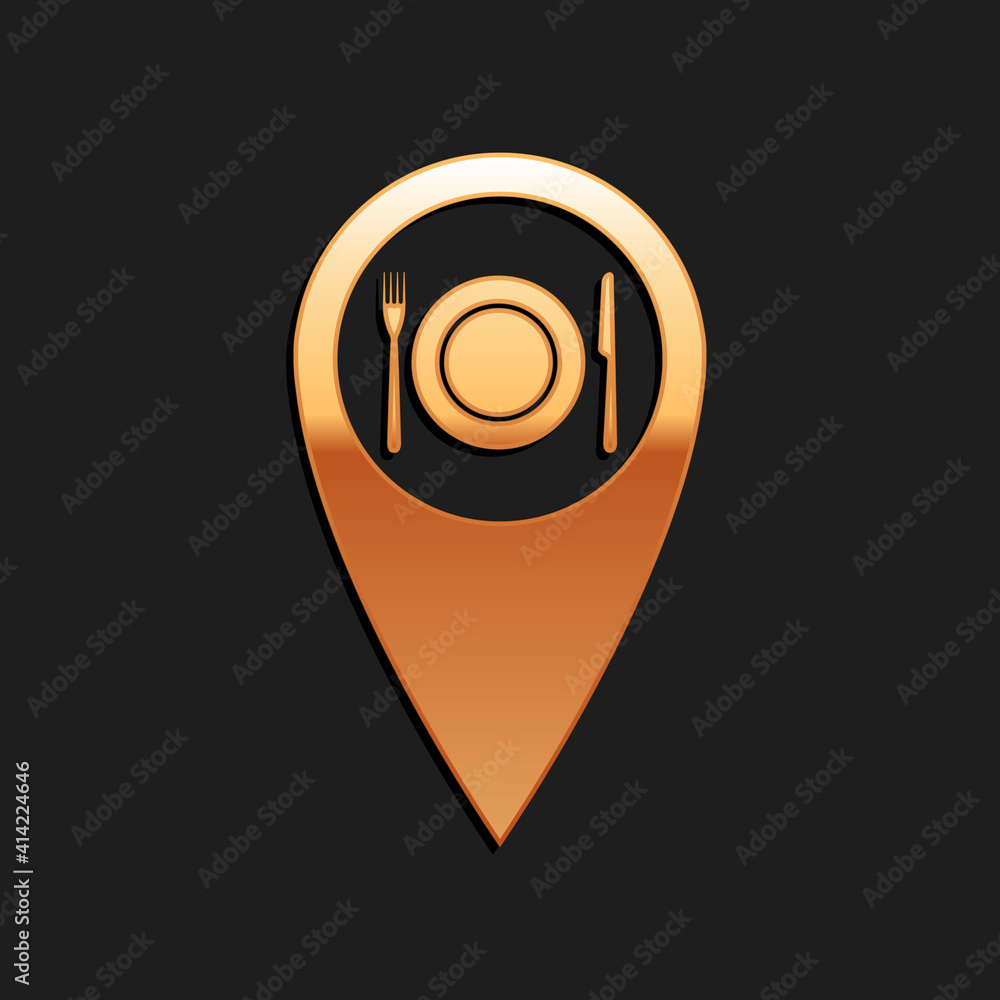 Gold Map pointer with restaurant and cutlery, dish, fork, knife icon isolated on black background. Long shadow style. Vector. Gold Map pointer with restaurant and cutlery, dish, fork, knife icon isolated on black background. Long shadow style. Vector.