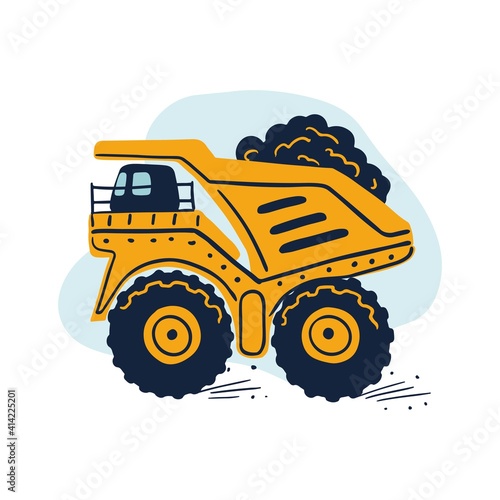 Hand drawn yellow mining truck with a loaded trailer. Cute kids vector illustration.