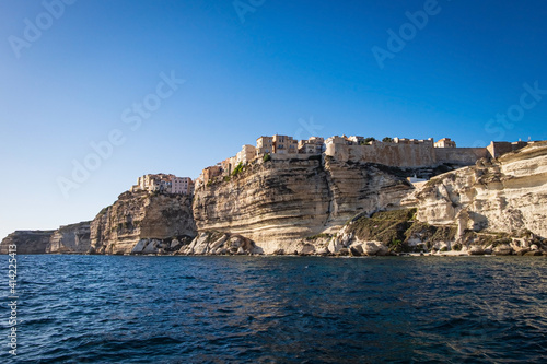 View from Water to the village of Bonifacio in Corse, France, built on limestone cliffs
