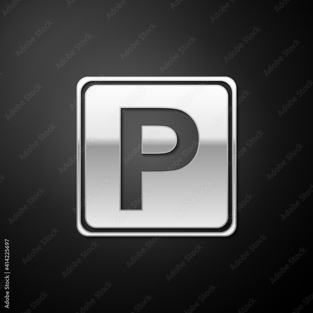 Silver Parking sign icon isolated on black background. Street road sign. Long shadow style. Vector.