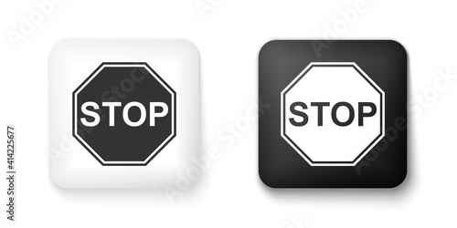 Black and white Stop sign icon isolated on white background. Traffic regulatory warning stop symbol. Square button. Vector.