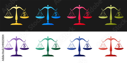 Set Scale weighing money and time icon isolated on black and white background. Scales with hours and a coin. Balance between work and the given time. Vector.