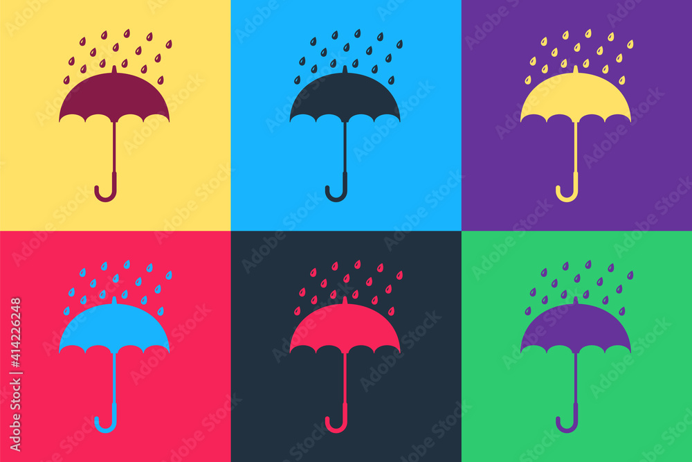 Pop art Umbrella and rain drops icon isolated on color background. Vector. Pop art Umbrella and rain drops icon isolated on color background. Vector.