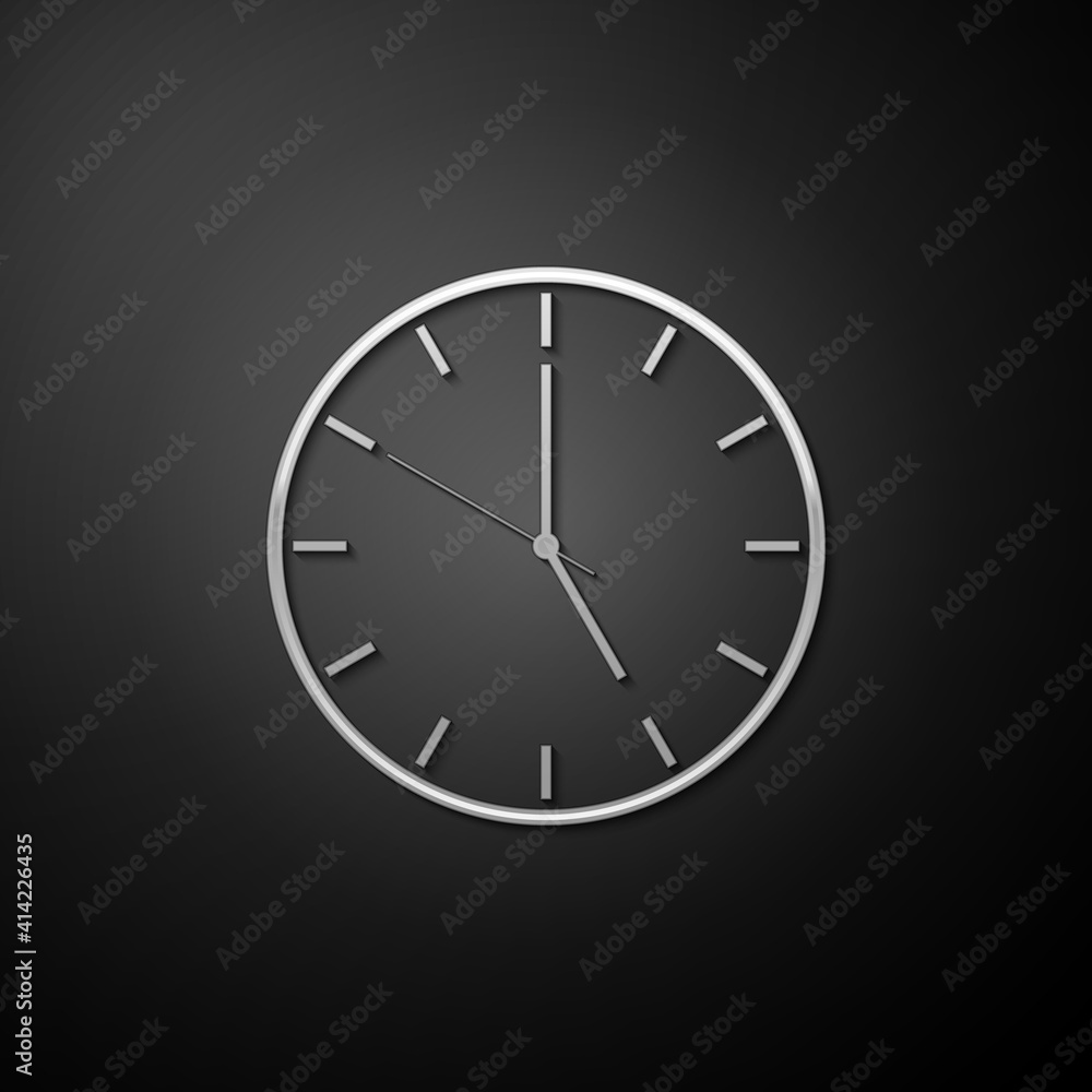 Silver Clock icon isolated on black background. Time symbol. Long shadow style. Vector. Silver Clock icon isolated on black background. Time symbol. Long shadow style. Vector.