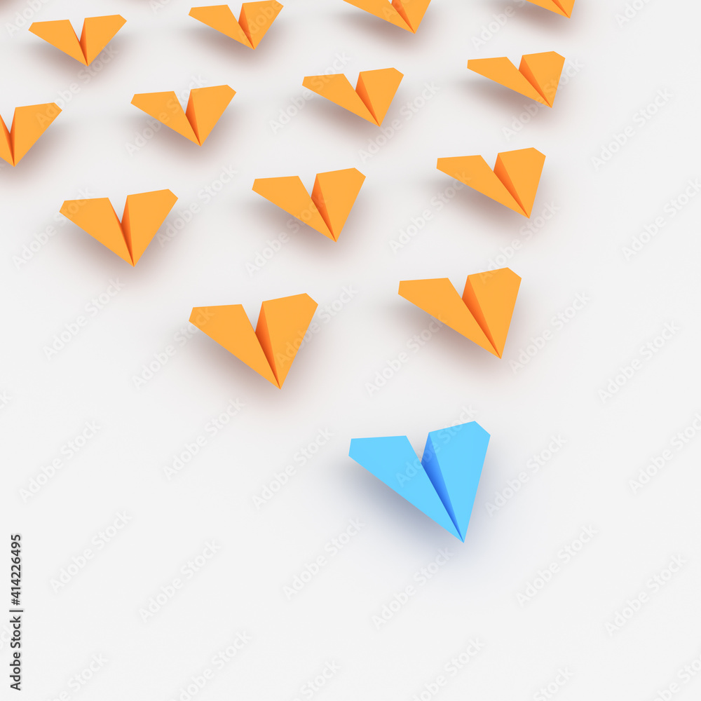 Leadership concept, blue leader plane leading orange planes, on white background. 3D Rendering Leadership concept, blue leader plane leading orange planes, on white background. 3D Rendering