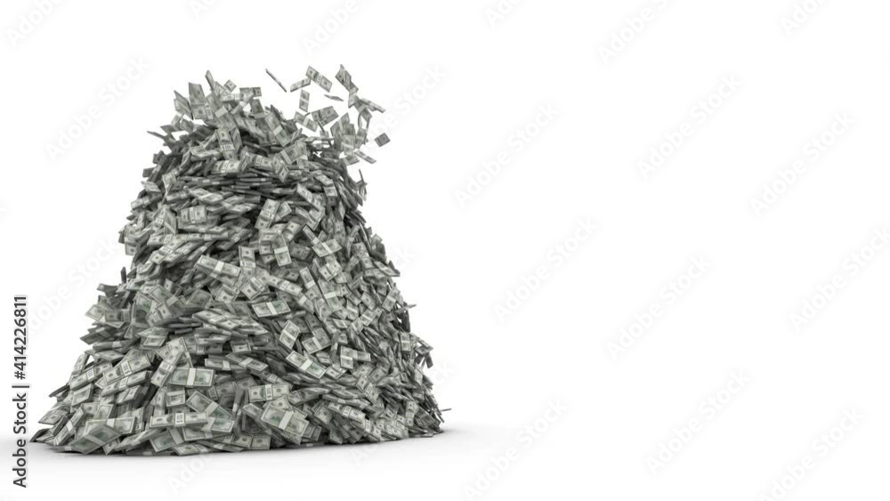 A mountain of falling money with space for text or logo. Huge amount of money isolated on white background. American dollars cash, big pile of dollar bills 3D rendering.