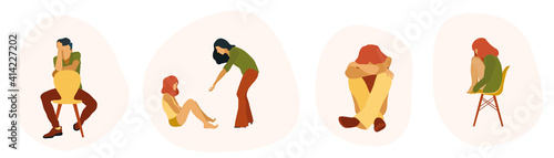 Mental problems people vector set. Depression help. Psychologist work. Emotions. Refusing to talk, Man, woman, children coping with problems. sitting. Closed poses. Psychological care. isolated