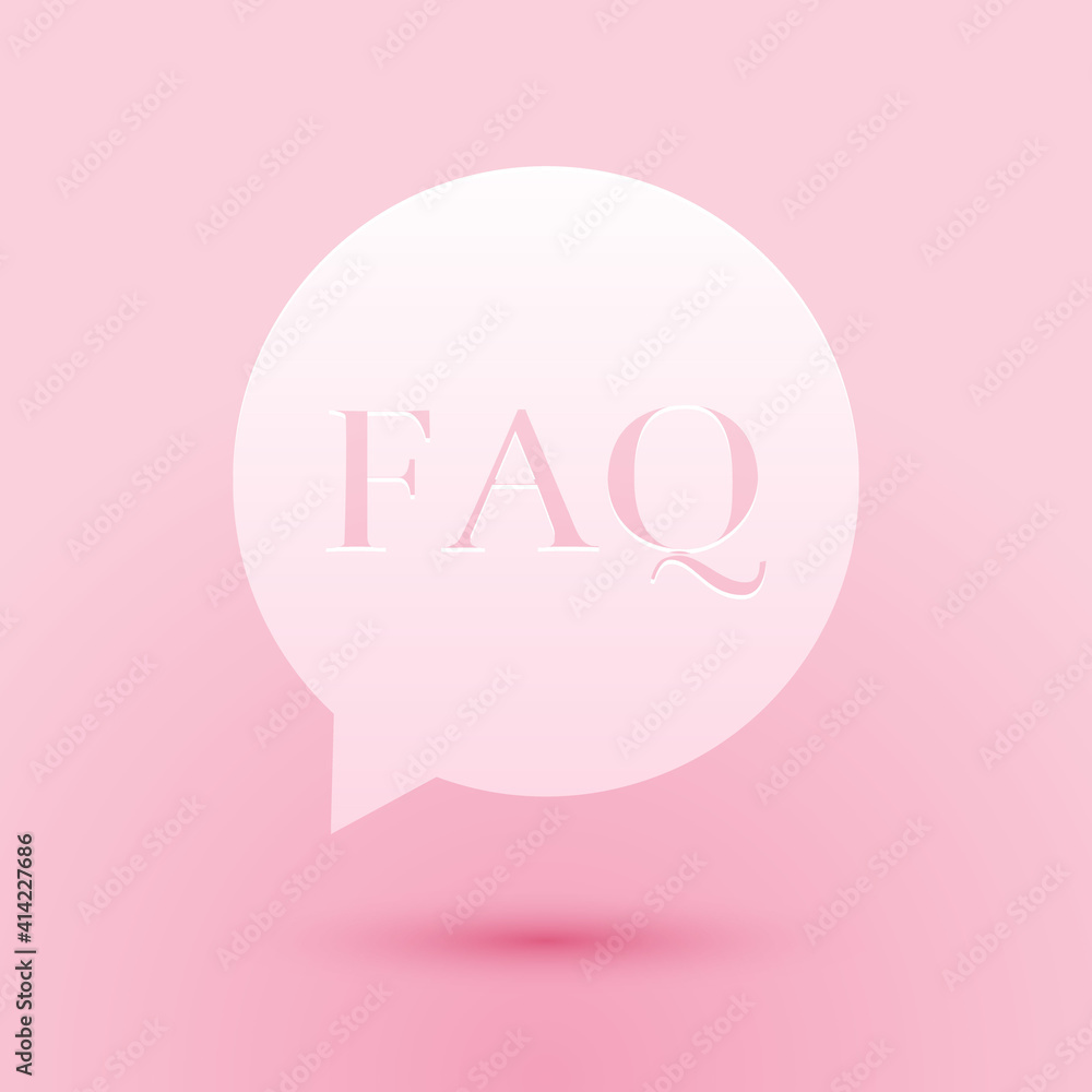 Paper cut Speech bubble with text FAQ information icon isolated on pink background. Circle button with text FAQ. Paper art style. Vector. Paper cut Speech bubble with text FAQ information icon isolated on pink background. Circle button with text FAQ. Paper art style. Vector.