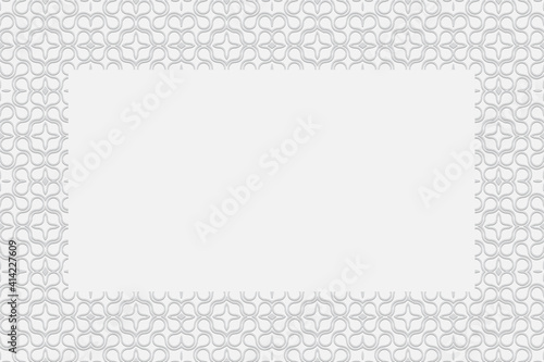 Ethnic geometric convex volumetric texture from a 3D pattern. Embossed white background of the peoples of Africa, Mexico, India with a frame for text, advertising.
