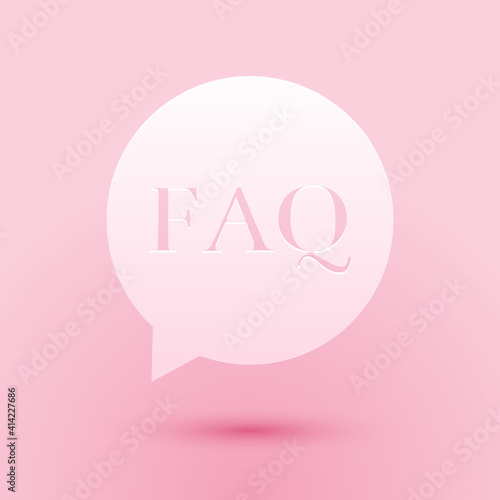 Paper cut Speech bubble with text FAQ information icon isolated on pink background. Circle button with text FAQ. Paper art style. Vector.