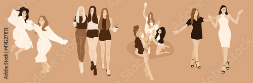 women party vector illustration set. Group of girls walking, dancing, drinking champagne jumping on the bed in wardrobes and cocktail dresses. Ladies celebrate their feast birthday holiday Girl power 