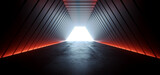 Dark Sci Fi Futuristic Cyber Stage Neon Orange White Light Glowing Triangle Modern Spaceship Tunnel Corridor Showroom Product Showcase Underground Cinematic 3D Rendering