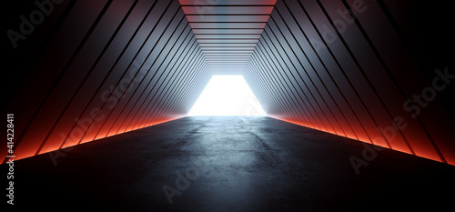 Fototapeta Naklejka Na Ścianę i Meble -  Dark Sci Fi Futuristic Cyber Stage Neon Orange White Light Glowing Triangle Modern Spaceship Tunnel Corridor Showroom Product Showcase Underground Cinematic 3D Rendering