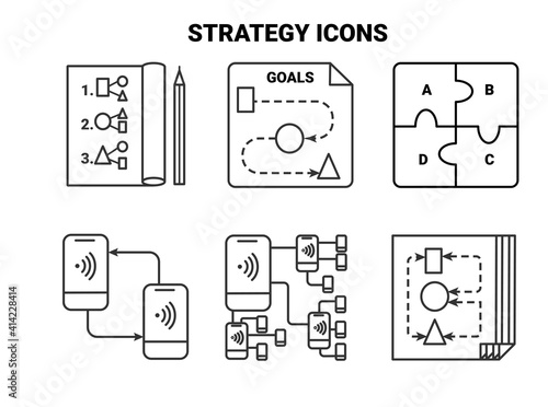 Strategy icons outline style vector illustration