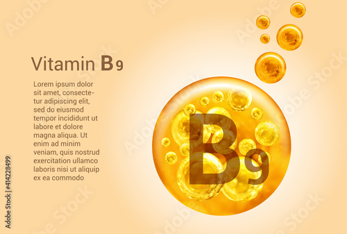 Vitamin B9. Baner with vector images of golden balls with oxygen bubbles. Health concept.