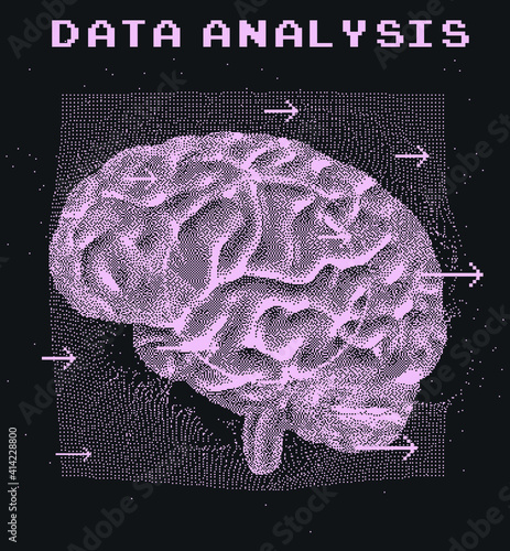 3D vector illustration of brain made of pixels and particles. Concept of neural network, neurology and neuroscience.