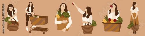 Woman bying food grocery vector illustration set. Lady carrying Cart, basket, paper bag. Fresh vegetables, fruits. Taking products from the shelf. Checking quality choosing grocery bag for mart shop.