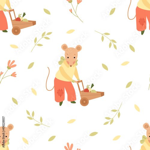 seamless pattern with a cute little mouse. Cartoon vector illustration. 