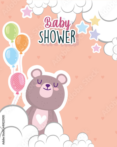 Baby shower little bear with balloons stars and clouds card